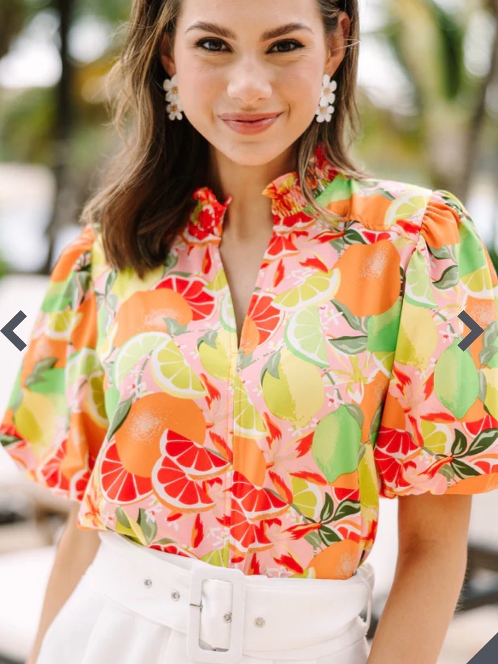 Umgee Women’s Citrus Print Puff Sleeve Shirt - Pink/Orange/Green Size Small